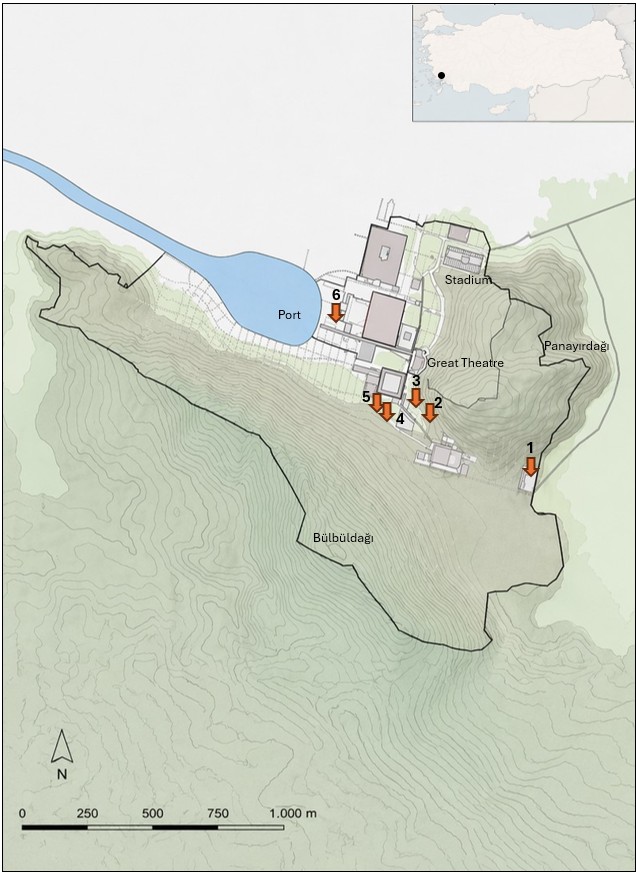 Measurement points made with harmless methods in the ancient city of Ephesus. 1. Corresian Gate, 2. Odeion, 3. Varius Bath, 4. Terrace houses are located on the street with stairs, 5. Terrace houses villa, 6. Middle port gate.
