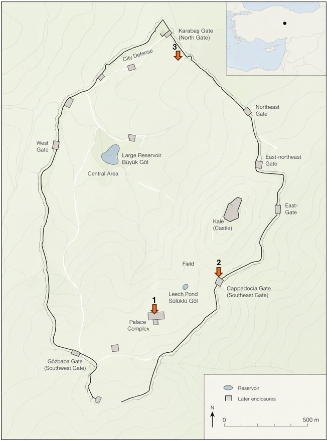 Measurement points made with non-destructive methods in the Hittite city of Kerkenes. 1. Palace enterence, 2. Cappadocian Gate, 3. Urban Place (UP8). 